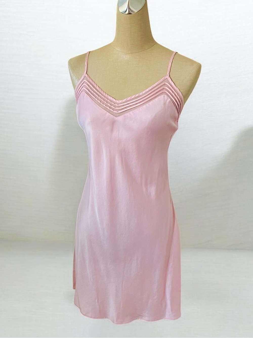 Vintage Y2K Victorias Secret 100% Silk Slip Dress Chemise Baby Pink Sheer Panels